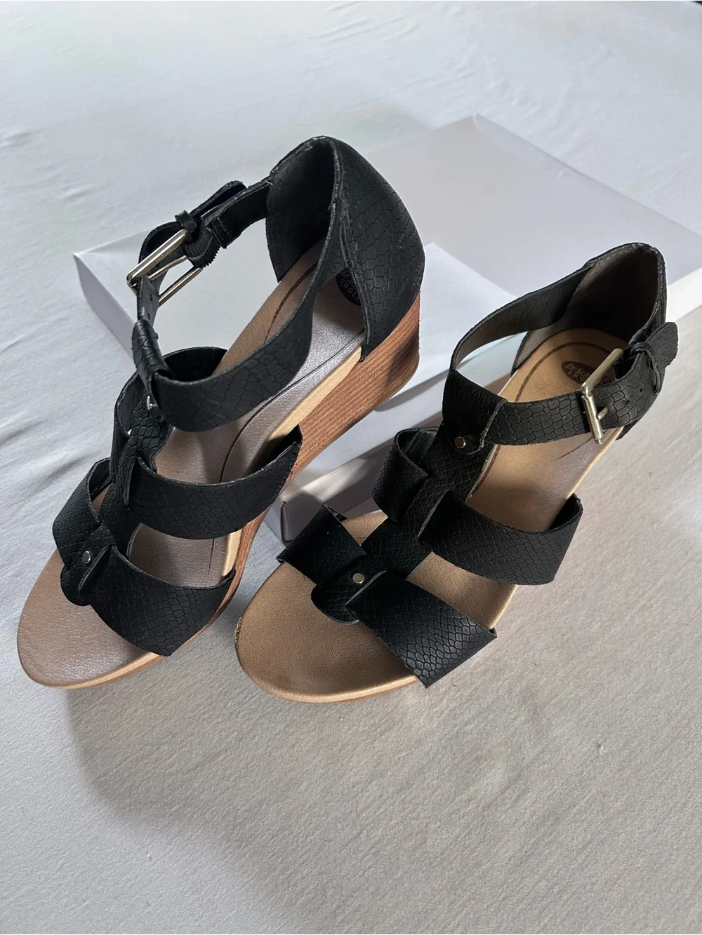Dr. Scholl's Black Textured Strappy Wedge Sandals with Wood-Tone Heel